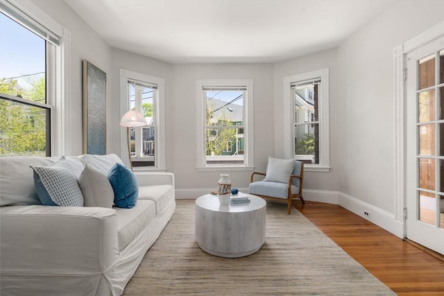 living area with baseboards and wood finished floors
