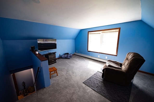 interior space with carpet floors, a baseboard radiator, baseboards, and lofted ceiling