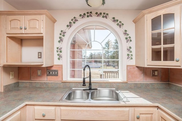 kitchen with glass insert cabinets, light brown cabinets, light countertops, and a sink