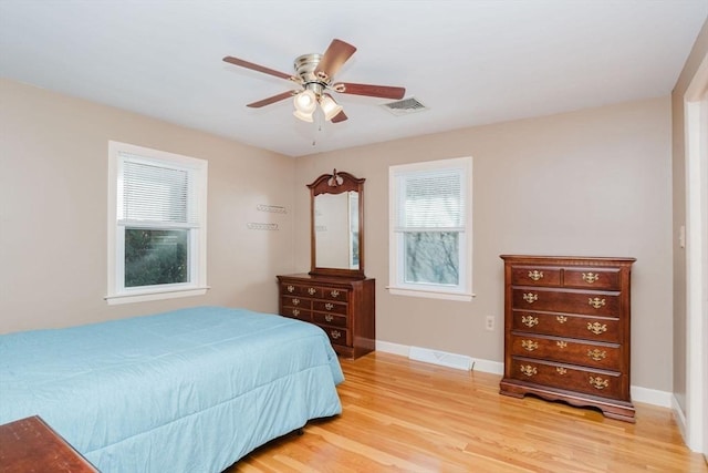 bedroom featuring light wood-style floors, visible vents, and baseboards