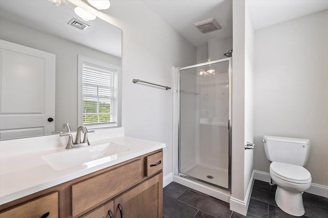 194B Narrows Rd, Westminster, MA 01473 - bathroom featuring vanity, a stall shower, toilet, baseboards, and tile patterned floors