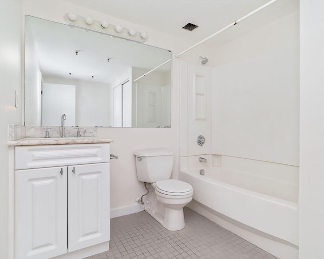 full bath with tub / shower combination, toilet, tile patterned floors, vanity, and baseboards