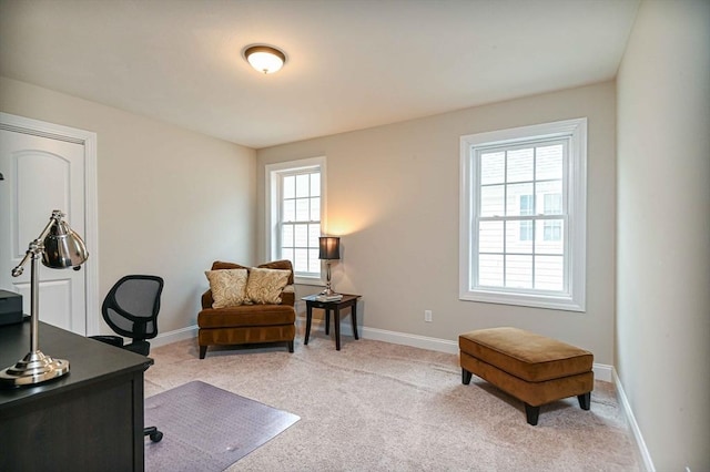 office area with light carpet and baseboards
