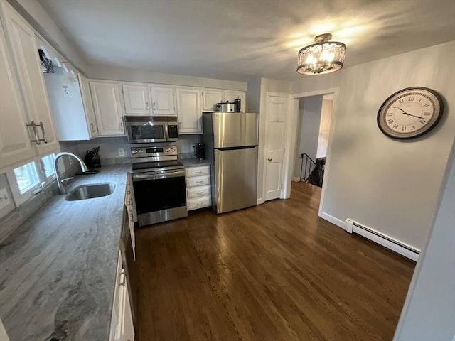 kitchen with stainless steel appliances, a baseboard radiator, dark wood-type flooring, white cabinets, and sink