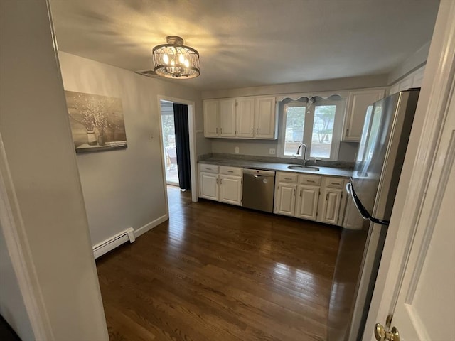 kitchen featuring baseboard heating, appliances with stainless steel finishes, white cabinetry, dark hardwood / wood-style flooring, and sink