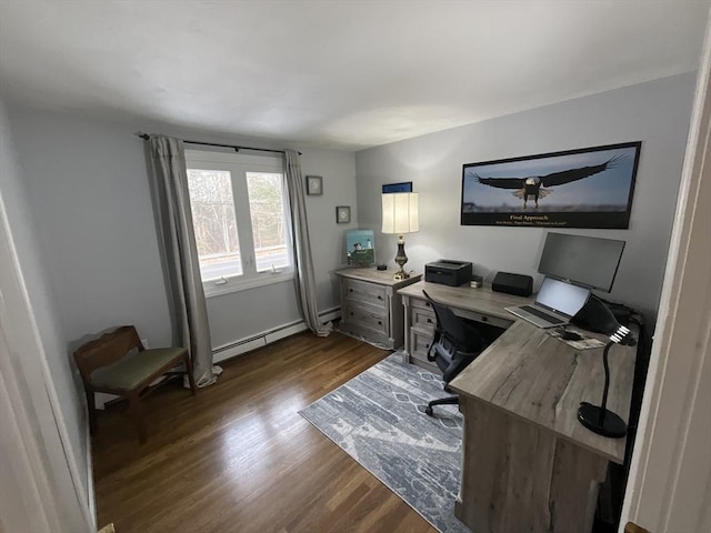 office space with baseboard heating and hardwood / wood-style floors