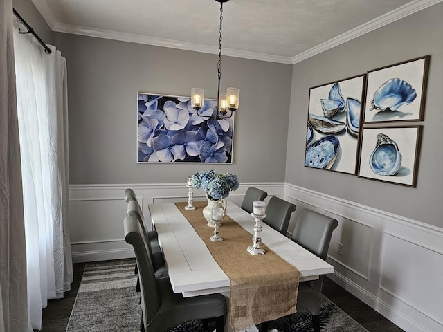 3 Panda Ct Unit 3, Milford, MA 01757 - dining space with a chandelier, crown molding, a decorative wall, dark wood-style flooring, and a wainscoted wall