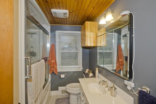 full bathroom featuring combined bath / shower with glass door, wood ceiling, vanity, tile patterned flooring, and toilet