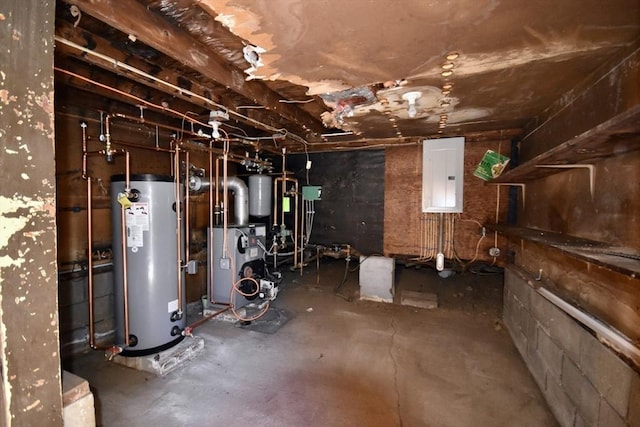 unfinished below grade area with electric panel, gas water heater, and a heating unit