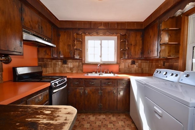 kitchen with open shelves, separate washer and dryer, a sink, stainless steel range with electric stovetop, and under cabinet range hood