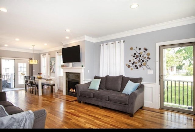 857 Adams St Unit 857, Boston, MA 02124 - living room with healthy amount of natural light, light wood-style flooring, a warm lit fireplace, crown molding, and a wainscoted wall