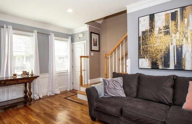 857 Adams St Unit 857, Boston, MA 02124 - living area with wood finished floors, stairs, crown molding, and recessed lighting
