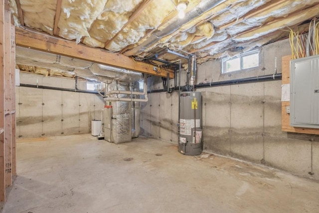 basement with gas water heater and electric panel