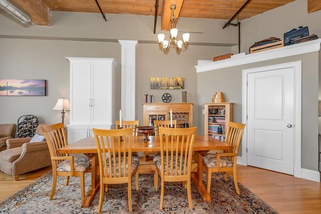 dining room with beam ceiling, a chandelier, wood ceiling, and light hardwood / wood-style floors