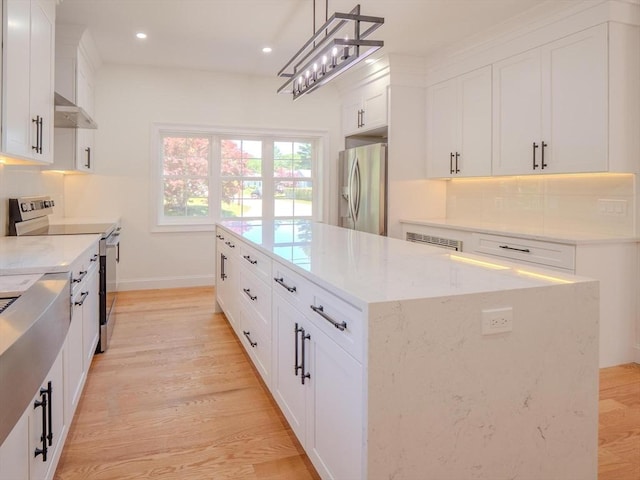 28 Berkshire Ave, Sharon, MA 02067 - kitchen with stainless steel appliances, a kitchen island, recessed lighting, decorative backsplash, and white cabinetry