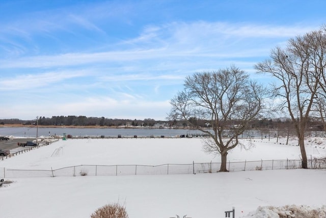 yard layered in snow with a water view