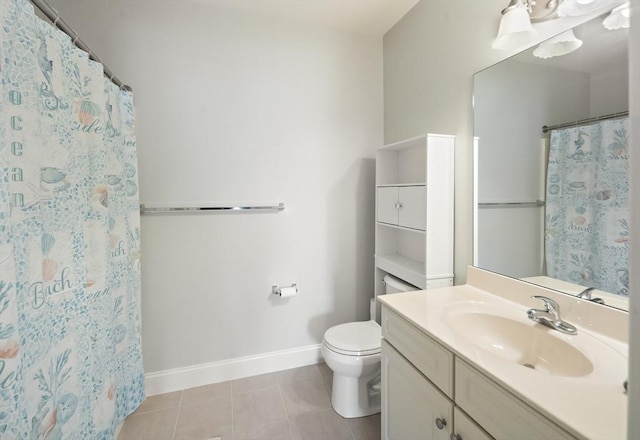 bathroom featuring walk in shower, tile patterned flooring, vanity, and toilet