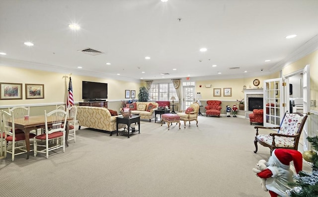 living room with light colored carpet and crown molding