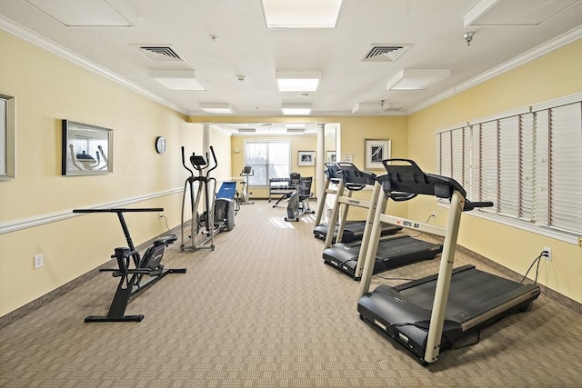 gym featuring carpet flooring and crown molding