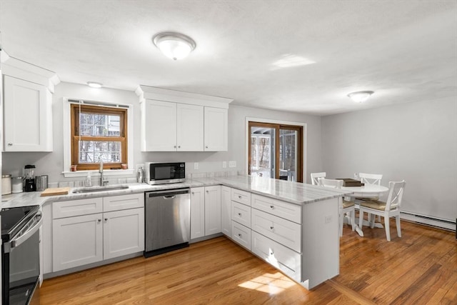 kitchen featuring appliances with stainless steel finishes, light wood-style floors, white cabinets, a sink, and a peninsula