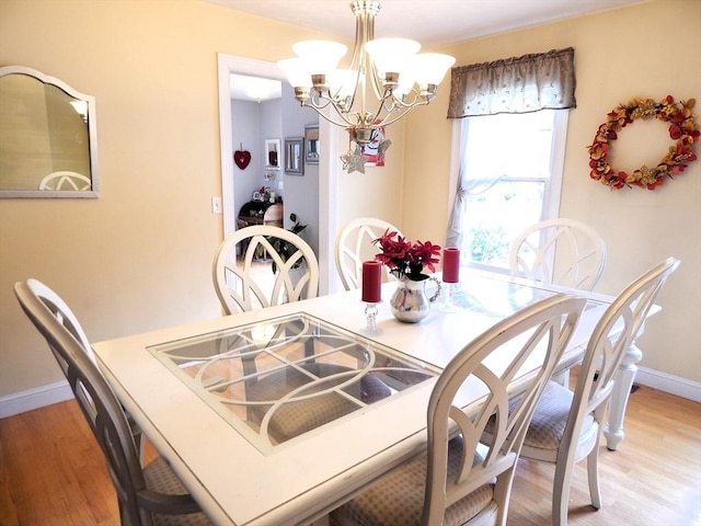 dining area with an inviting chandelier and light wood-type flooring