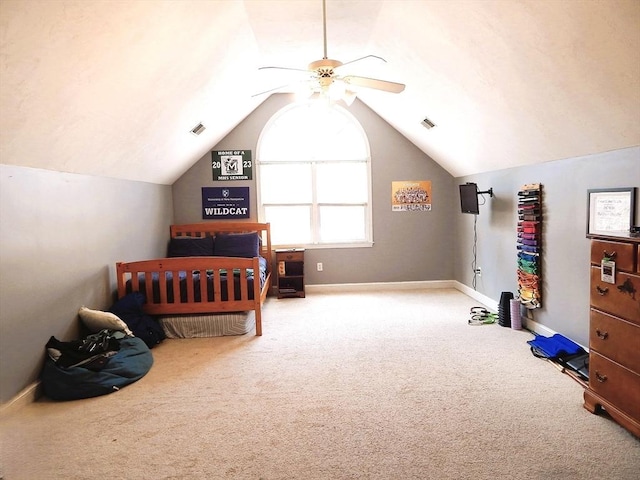 bedroom with lofted ceiling, ceiling fan, and carpet flooring