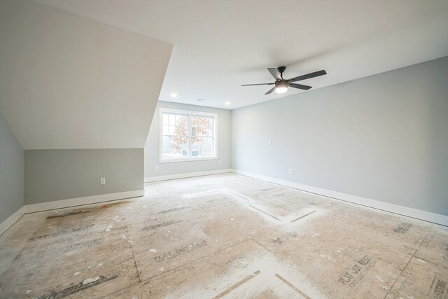 bonus room featuring lofted ceiling and ceiling fan