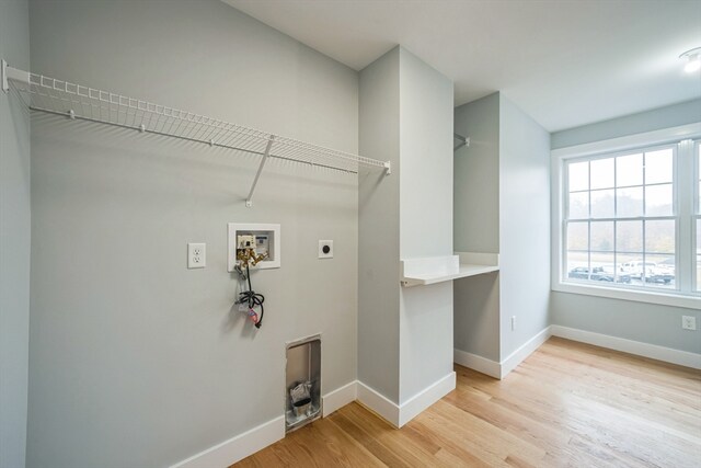 clothes washing area featuring light hardwood / wood-style flooring, hookup for a washing machine, and electric dryer hookup