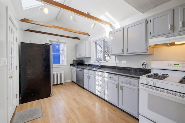 kitchen with sink, gray cabinetry, light hardwood / wood-style flooring, radiator heating unit, and stainless steel appliances