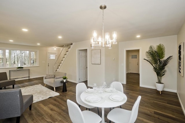 dining area with recessed lighting, dark wood-style flooring, stairway, and baseboards