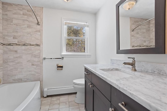 full bathroom featuring toilet, shower / bath combination, baseboards, baseboard heating, and vanity