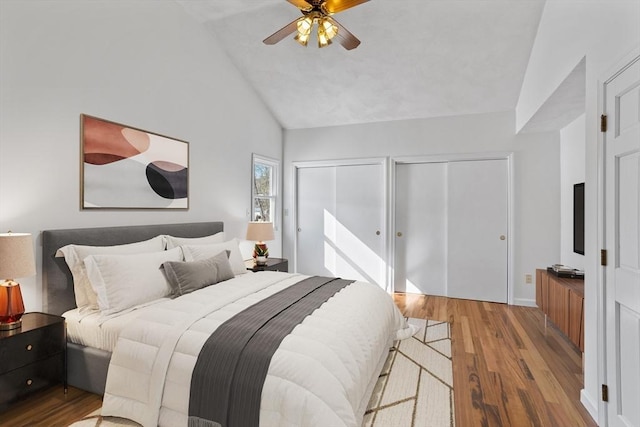 bedroom featuring high vaulted ceiling, a ceiling fan, multiple closets, and wood finished floors