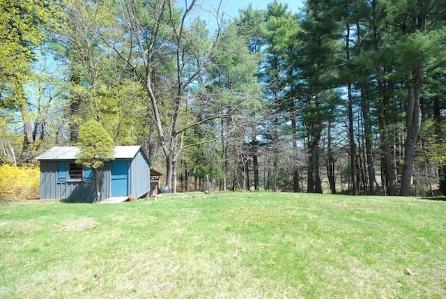 view of yard with a storage shed and an outbuilding