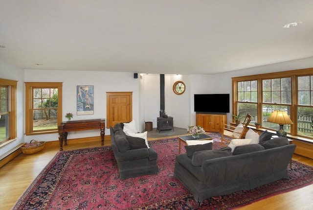 living room featuring wood finished floors and a wood stove