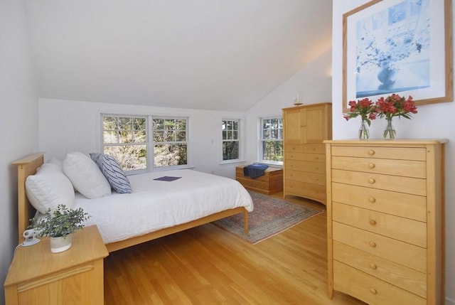 bedroom featuring wood finished floors and vaulted ceiling