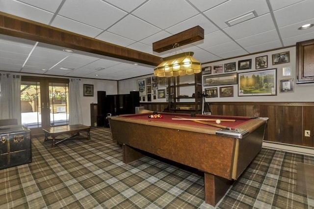 198 Mountain View Dr, Holyoke, MA 01040 - game room with a paneled ceiling, billiards, carpet, a baseboard radiator, and french doors