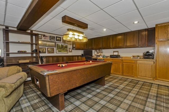 198 Mountain View Dr, Holyoke, MA 01040 - rec room with a drop ceiling, recessed lighting, a wainscoted wall, billiards, and wood walls