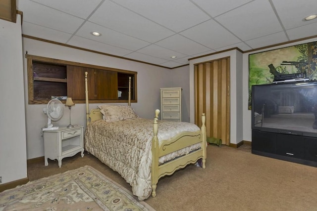 198 Mountain View Dr, Holyoke, MA 01040 - bedroom with baseboards, carpet floors, a drop ceiling, recessed lighting, and ornamental molding