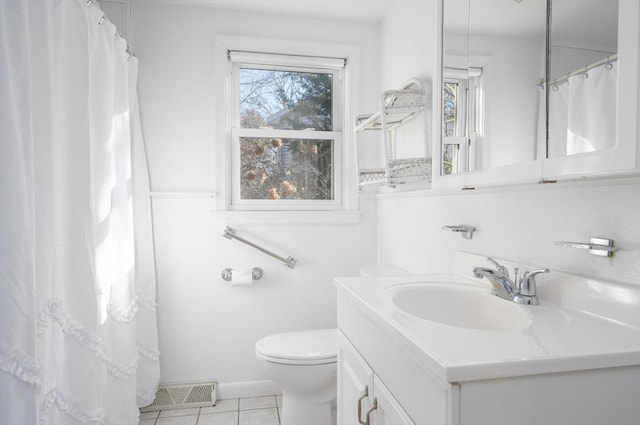 full bath with visible vents, toilet, a shower with curtain, tile patterned flooring, and vanity