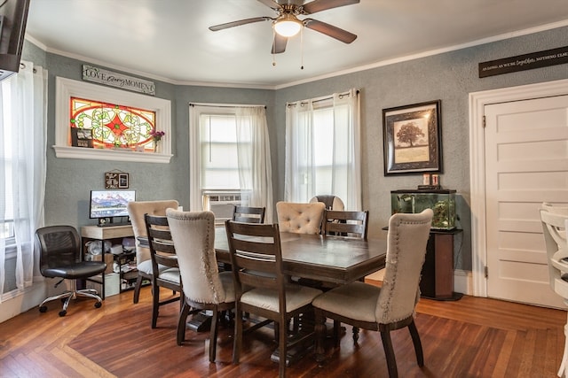 dining area featuring ornamental molding, ceiling fan, and dark hardwood / wood-style floors