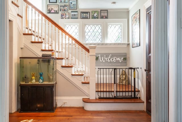 stairs featuring crown molding and hardwood / wood-style flooring