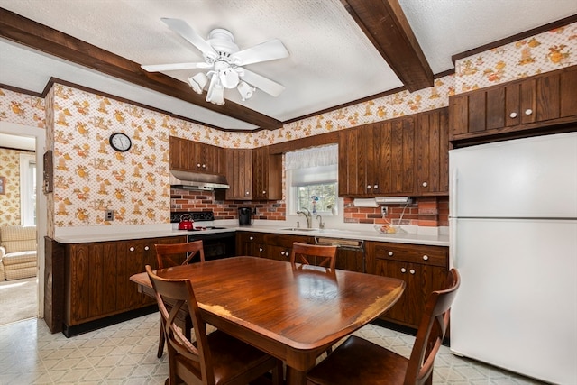 kitchen with tasteful backsplash, white appliances, a textured ceiling, dark brown cabinets, and ceiling fan