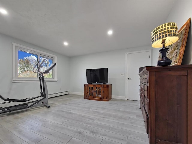 11 Great Oak Rd, Brewster, MA 02631 - workout area with baseboards, recessed lighting, light wood-style floors, and a baseboard radiator