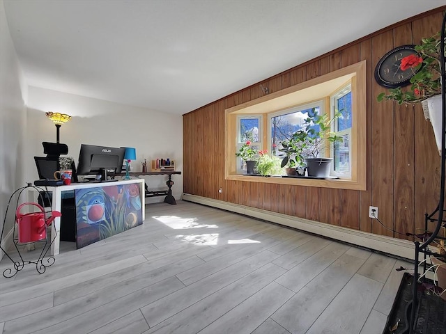 11 Great Oak Rd, Brewster, MA 02631 - office featuring baseboard heating, baseboards, wood finished floors, and wooden walls
