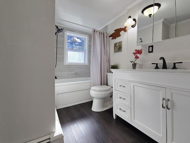 11 Great Oak Rd, Brewster, MA 02631 - full bathroom featuring crown molding, toilet, vanity, wood finished floors, and shower / bath combination with curtain