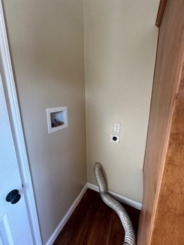 clothes washing area featuring electric dryer hookup, hookup for a washing machine, and dark hardwood / wood-style flooring