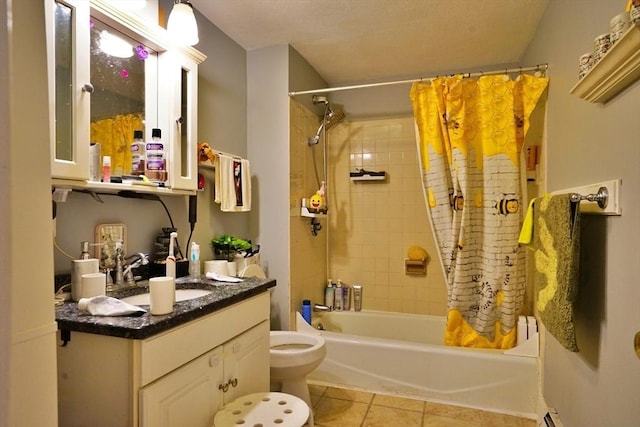 full bathroom featuring toilet, vanity, shower / bath combination with curtain, and tile patterned floors