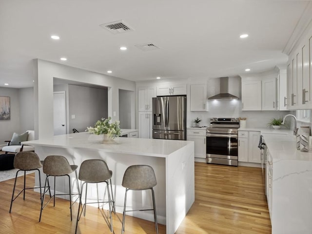 kitchen featuring white cabinets, appliances with stainless steel finishes, a center island, and wall chimney range hood