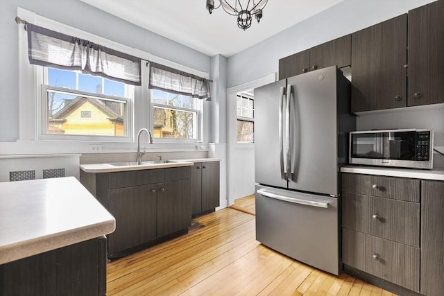 kitchen featuring a sink, light wood finished floors, appliances with stainless steel finishes, and a healthy amount of sunlight