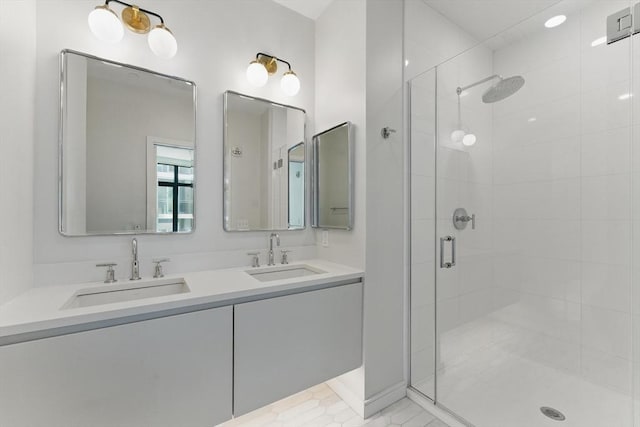 191 Washington St Unit 524, Boston, MA 02135 - bathroom featuring a shower stall and double vanity